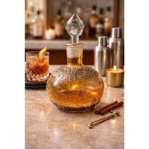 Vintage 1930s Topaz Crackle Glass Decanter Cut Stopper Metal Overlay, 2x9”